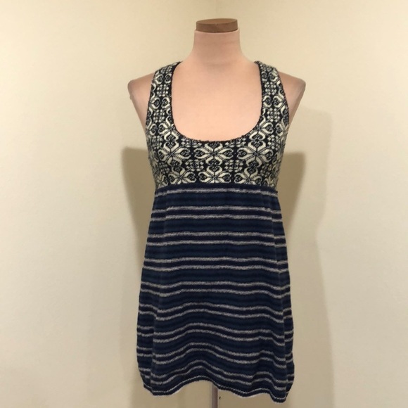 Free People Tank Top Size Small Navy Blue Cream Striped Fairisle - Picture 2 of 11